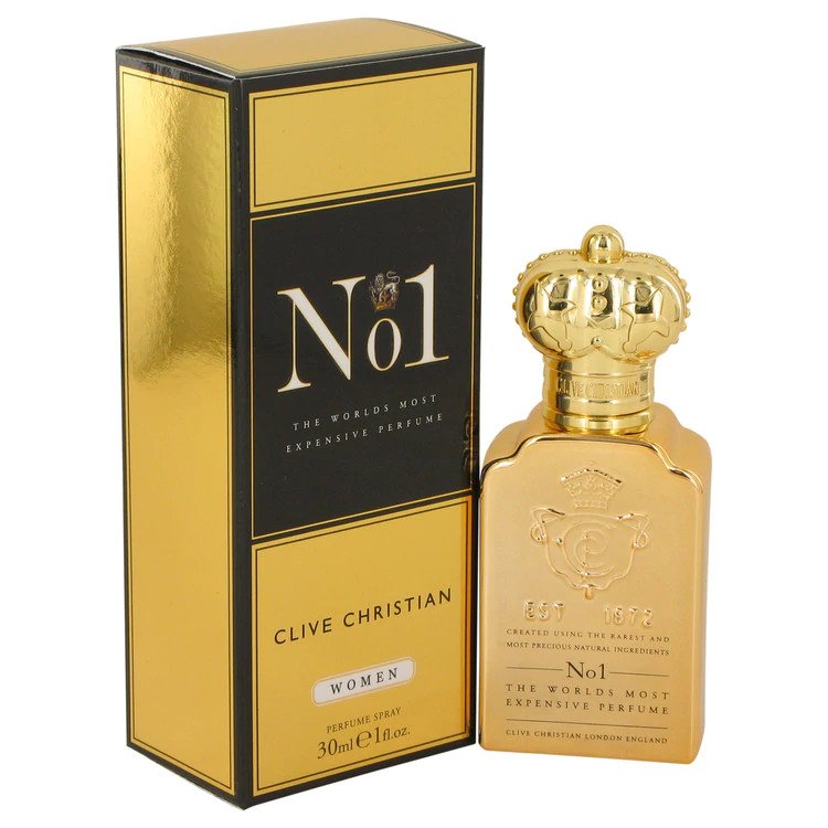 Clive Christian No.1 Women's Perfume bottle and matching box showcasing a luxurious gold and black design, an ornate gold crown cap, and prominent text "The World's Most Expensive Perfume" for the 30ml spray