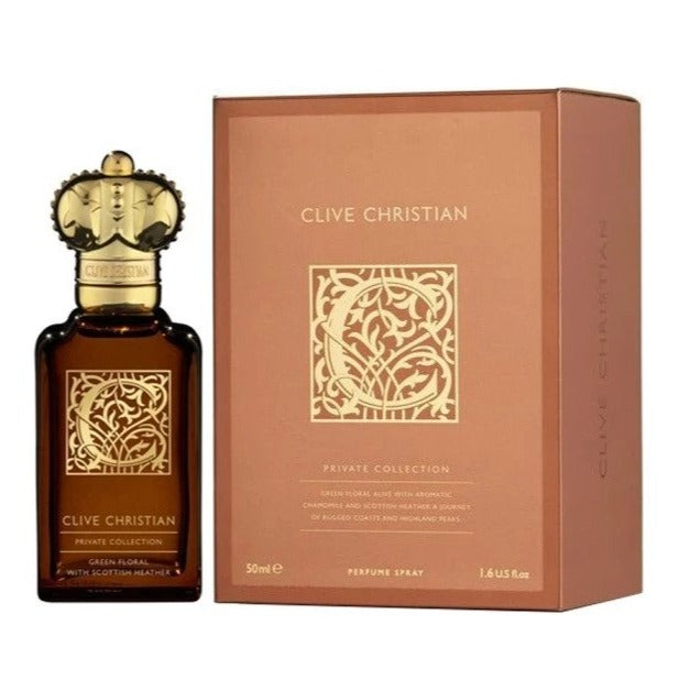 Clive Christian Private Collection Green Floral With Scottish Heather perfume, an amber glass bottle with a golden crown cap and ornate gold 'C' monogram on its label, alongside its matching copper-toned box also featuring the gold 'C' monogram