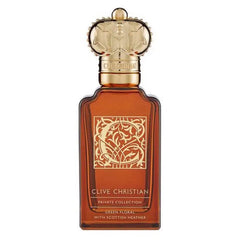Clive Christian perfume bottle featuring the Green Floral With Scottish Heather fragrance in an amber glass bottle with an ornate gold crown cap and a gold label showcasing an intricate C initial design