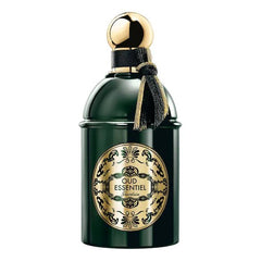 Guerlain Oud Essentiel perfume bottle in dark green with a gold spherical cap, a black and gold tassel, and an ornate gold and green label