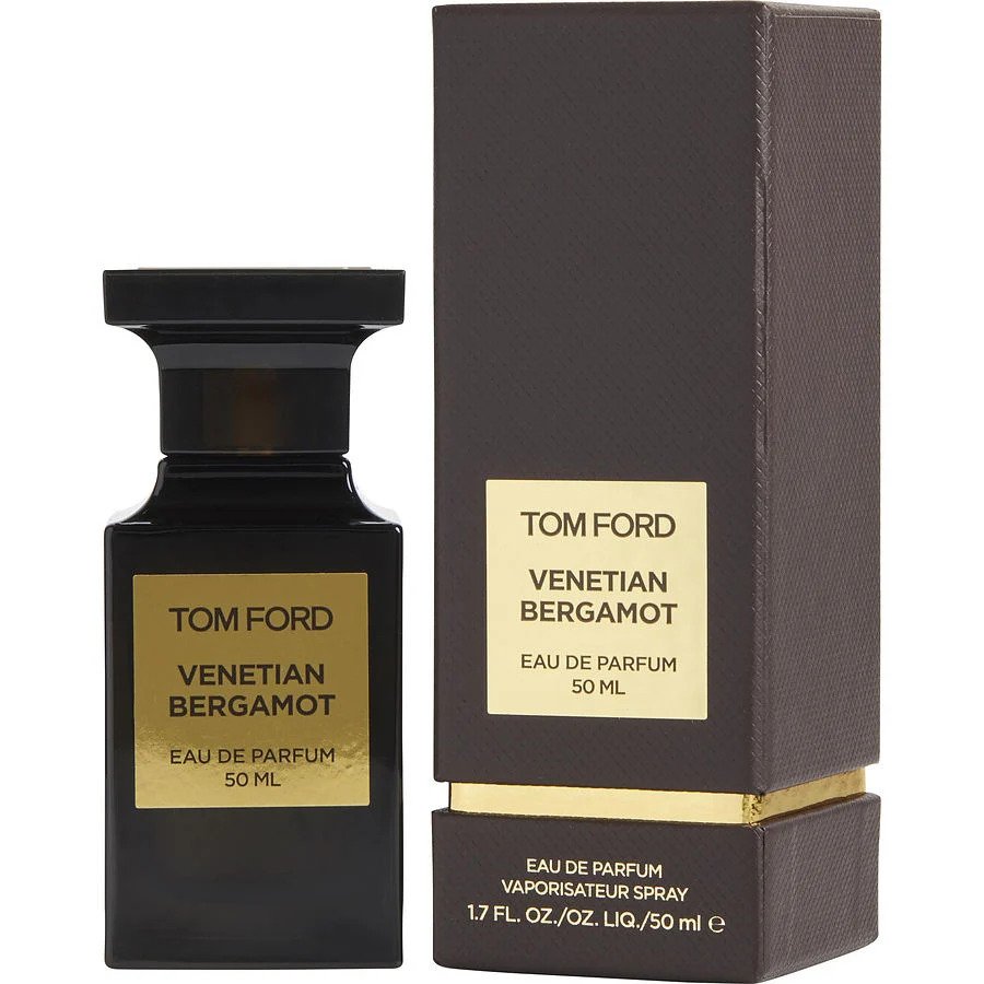 Product photograph by Tom Ford depicting the Venetian Bergamot Eau de Parfum 50ml fragrance, featuring a sleek matte black bottle with a gold label displayed alongside its coordinating dark brown box with gold trim