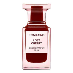 Tom Ford Lost Cherry Eau de Parfum bottle featuring rich dark red liquid in a clear rectangular glass bottle with a white label displaying 'TOM FORD' and 'LOST CHERRY' in black text 50 ML