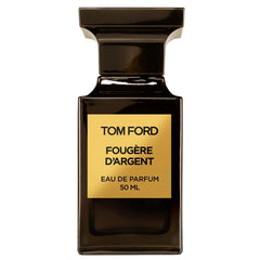 Tom Ford Fougère D'Argent Eau de Parfum 50 ML perfume bottle featuring a sleek black rectangular design with a prominent gold label and unique stepped black cap