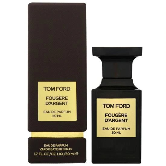 Product photograph of Tom Ford Fougere D'Argent Eau de Parfum, showcasing a dark brown textured box, a black rectangular bottle with a stepped cap, and gold labels detailing the product name and 50 ml size