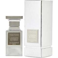 Tom Ford product shot of Lavender Extreme Eau de Parfum 50ml featuring a sleek silver bottle with a prominent rectangular label beside its matching textured silver box, both displaying the brand and scent name