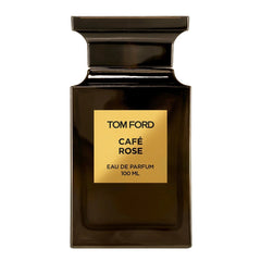 Tom Ford Café Rose Eau de Parfum 100ml in a sleek dark brown rectangular glass bottle with a prominent gold label featuring black text and an elegant fluted black cap on a white background