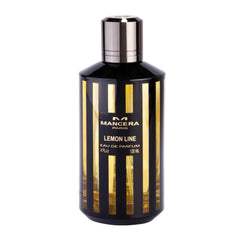 Mancera Lemon Line Eau de Parfum bottle black with bold vertical gold stripes a reflective silver metallic cap and text indicating 120 ML
