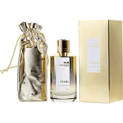 Product photography of Mancera Pearl Eau de Parfum featuring an elegant gold capped bottle with a white label, a textured gold box, and a shimmering gold drawstring pouch with M logos