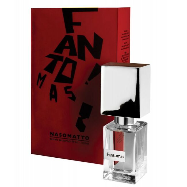 Nasomatto Fantomas extrait de parfum 30ml product photography featuring a clear glass bottle with a reflective silver square cap standing beside a vibrant red box adorned with scattered black FANTOMAS typography and brand details