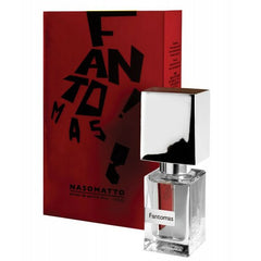 Nasomatto Fantomas extrait de parfum 30ml product photography featuring a clear glass bottle with a reflective silver square cap standing beside a vibrant red box adorned with scattered black FANTOMAS typography and brand details