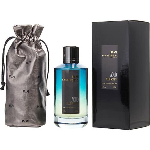 Product Photography of a Mancera Aoud Blue Notes perfume set featuring a gradient blue glass bottle, a black rectangular box, and a metallic grey satin drawstring pouch embossed with repeating 'M' logos on a white studio background