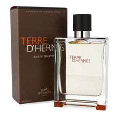 Hermès Terre d'Hermès Eau de Toilette 200ml spray bottle with its dark brown box, showcasing the clear rectangular glass bottle with a black cap, silver atomizer, and unique reddish-orange base accents