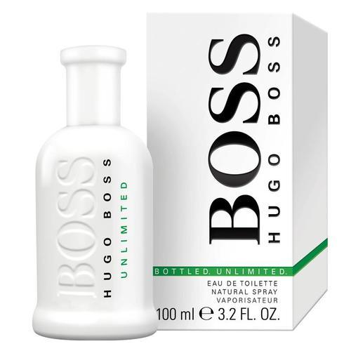 Product photo of Hugo Boss Bottled Unlimited Eau de Toilette, showcasing a matte white 100ml bottle with embossed green 'BOSS Hugo Boss Unlimited' text beside its matching white rectangular box featuring large black 'BOSS Hugo Boss' lettering and a green base stripe