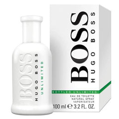 Product photo of Hugo Boss Bottled Unlimited Eau de Toilette, showcasing a matte white 100ml bottle with embossed green 'BOSS Hugo Boss Unlimited' text beside its matching white rectangular box featuring large black 'BOSS Hugo Boss' lettering and a green base stripe