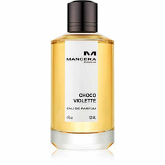 Product photo of a Mancera Paris Choco Violette Eau de Parfum bottle featuring its characteristic golden-amber liquid, sleek black cap, and clear 120 ML 4 Fl Oz volume marking