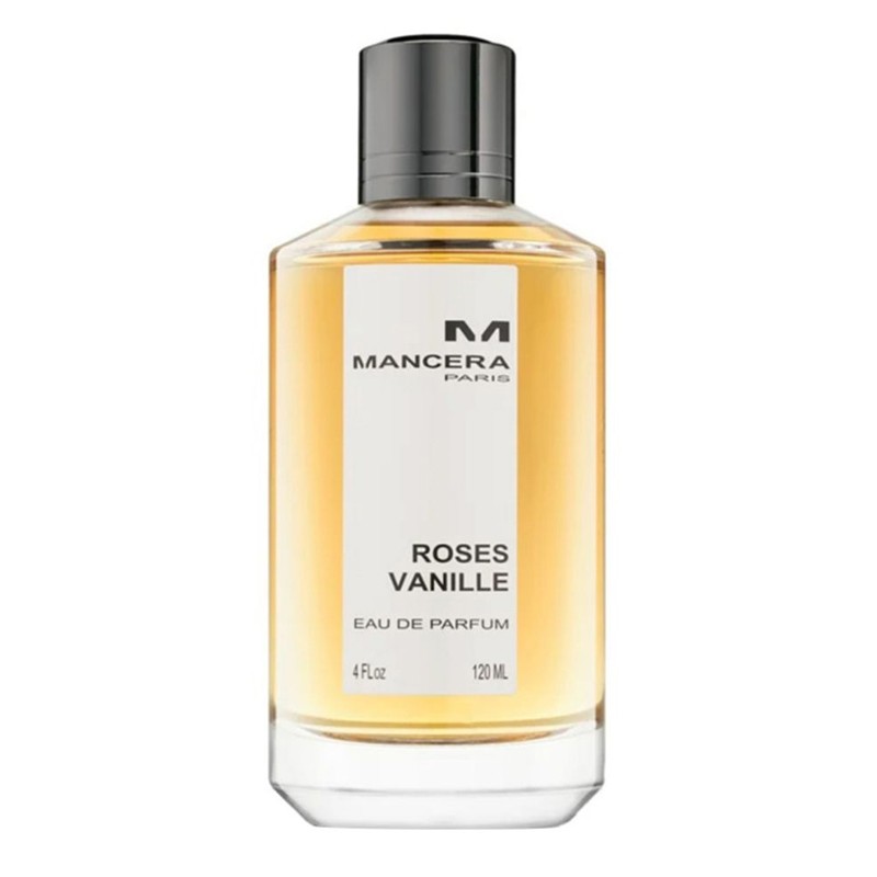 Mancera Roses Vanille Eau de Parfum bottle featuring a clear glass design with rich amber liquid, a sleek metallic silver cap, and a white label prominently displaying the fragrance name and 120 ML volume