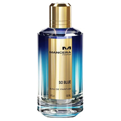 Mancera So Blue Eau de Parfum bottle featuring a gradient blue glass from deep indigo to light turquoise, topped with a shiny gold cap, and a prominent gold label displaying Mancera Paris and So Blue 120 ML