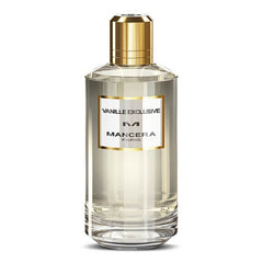 Mancera Paris Vanille Exclusive perfume bottle a clear cylindrical glass bottle with a prominent gold metallic cap a white label detailing the fragrance name and brand accented by gold borders