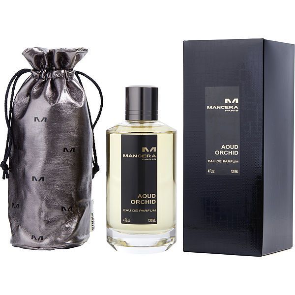 Mancera Aoud Orchid perfume set featuring a silver metallic drawstring pouch with 'M' logos, a clear glass bottle of golden liquid perfume with a black label stating 'Mancera Paris Aoud Orchid Eau de Parfum', and a matching black rectangular presentation box on a plain studio background