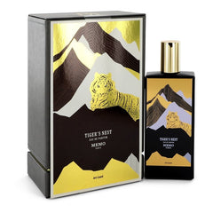 Product photograph of Memo Paris Tiger's Nest Eau de Parfum bottle and box featuring a stylized gold foil tiger in a striking black and white mountain landscape with brown accents and an Art Land inscription