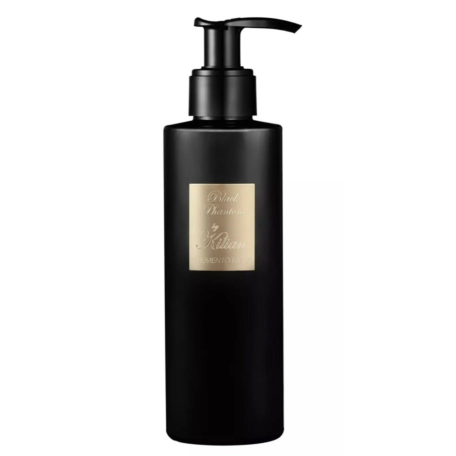 Kilian product photography featuring a Black Phantom matte black pump bottle and gold label with MEMENTO MORI text