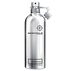 Montale Paris perfume bottle showcasing a sleek silver aluminum design for Jasmin Full Eau de Parfum 100ml, featuring the prominent black Montale Paris logo and a distinctive silver square M charm hanging from the cap