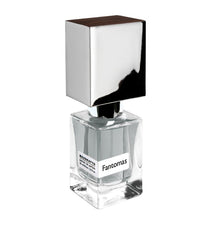 Product photograph of a Nasomatto Fantomas extrait de parfum in a clear square glass bottle containing grey liquid with a large square glossy chrome cap topped with dark wood on a white studio background