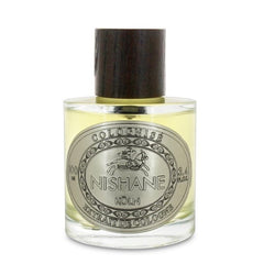 Product photography of a Nishane Colognisé Extrait de Cologne 100ml 3.4 fl.oz bottle from Köln featuring a clear glass container, dark wooden cap, and an ornate silver label with a distinct rider on horseback motif and pale yellow liquid