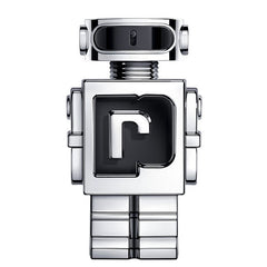 Paco Rabanne Phantom perfume bottle, a chrome-plated robot-shaped design with a black visor head and sensor featuring a white 'P' logo on its black chest plate and a ridged neck