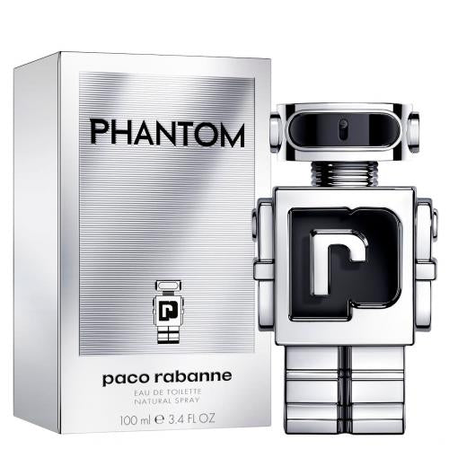 Paco Rabanne Phantom Eau de Toilette fragrance featuring its distinctive metallic silver and black robot-shaped bottle alongside the matching box displaying the PHANTOM name and the unique P logo