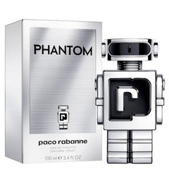 Paco Rabanne Phantom Eau de Toilette fragrance featuring its distinctive metallic silver and black robot-shaped bottle alongside the matching box displaying the PHANTOM name and the unique P logo