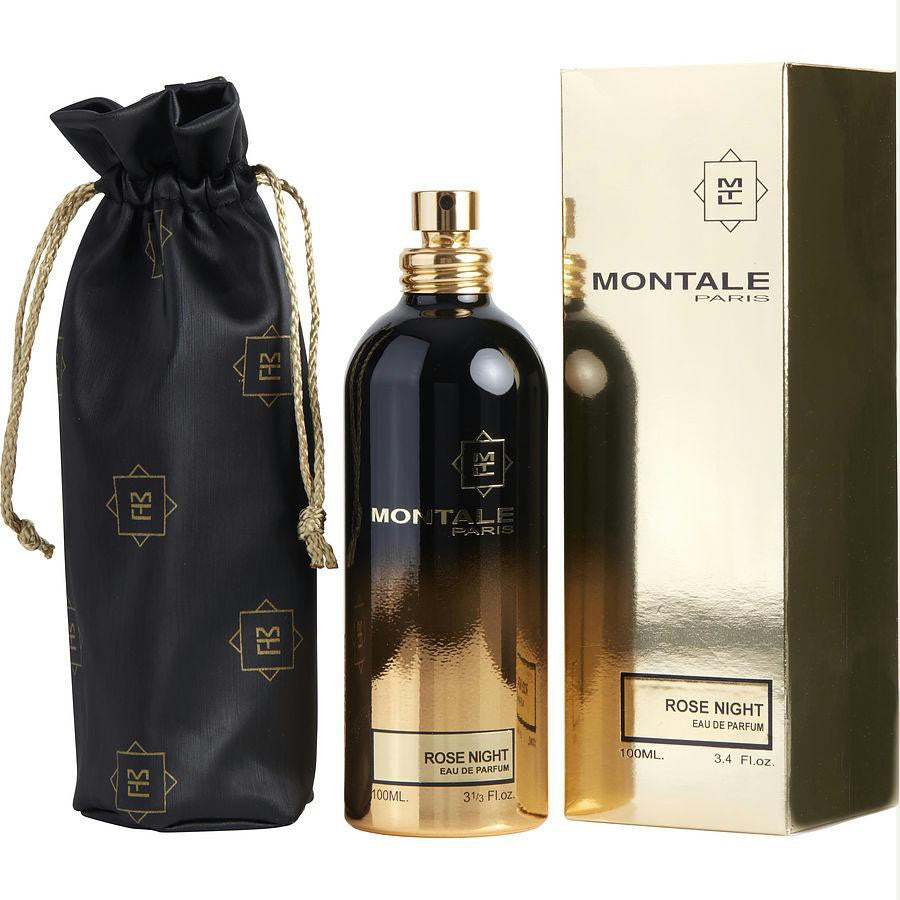 Montale Rose Night Eau de Parfum from Paris featuring a black to gold gradient bottle, a matching gilded box, and a black drawstring pouch patterned with repeated gold Montale brand logos