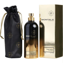 Montale Rose Night Eau de Parfum from Paris featuring a black to gold gradient bottle, a matching gilded box, and a black drawstring pouch patterned with repeated gold Montale brand logos