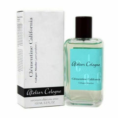 Product photograph of Atelier Cologne Clémentine California Cologne Absolue perfume featuring a clear glass bottle with a black cap and a turquoise label showing a subtle C pattern alongside its matching white box