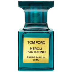 Product photography of a Tom Ford Neroli Portofino Eau de Parfum 30 ML bottle in vibrant teal blue-green glass with a distinctive ridged cap and a prominent gold label with black lettering