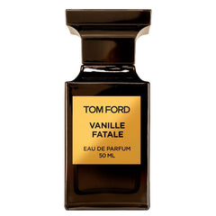 Tom Ford Vanille Fatale Eau de Parfum 50ml bottle featuring a sleek dark brown rectangular glass design, a prominent gold label with black text, and a matching flat rectangular cap displayed against a clean white background