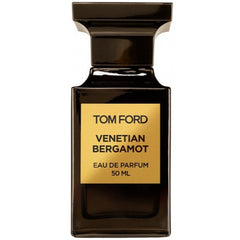 Tom Ford Venetian Bergamot Eau de Parfum 50 ML bottle, a sleek black glass design with an architectural cap and a prominent gold label on a clean white background