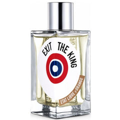 Product photo of Etat Libre d'Orange Exit The King perfume in a clear rectangular glass bottle with a silver cap and a white circular label displaying "EXIT THE KING" text and a red white and blue target symbol holding light gold liquid