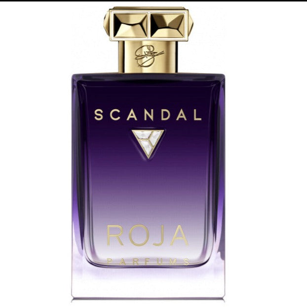 Roja Parfums Scandal perfume bottle in a striking deep purple to clear gradient glass featuring a textured gold geometric cap with a signature and a dazzling silver crystal triangle emblem on the front