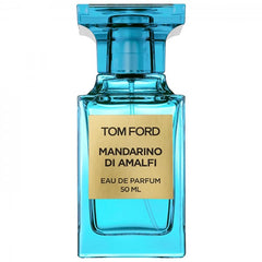 Product photo of Tom Ford Mandarino di Amalfi Eau de Parfum in a bright turquoise blue 50 ml glass bottle with a gold label