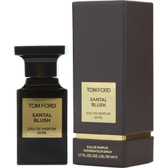 Tom Ford Santal Blush Eau de Parfum 50ml product shot featuring a glossy black bottle and a textured dark brown box both with striking gold labels