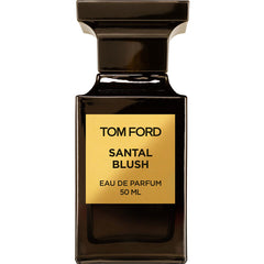 Tom Ford Santal Blush Eau de Parfum bottle featuring a dark brown rectangular design a gold label with black lettering and a signature black fluted cap 50 ML on a white background