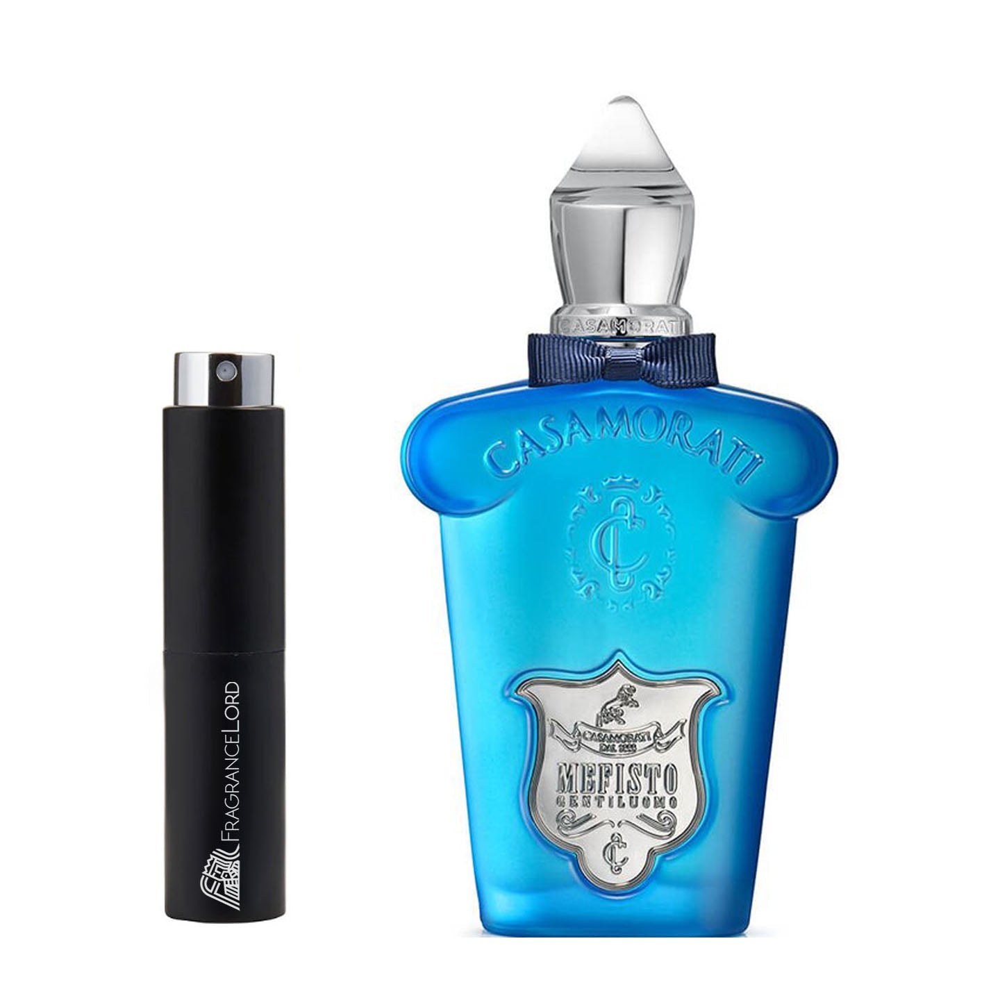 Casamorati Mefisto Gentiluomo perfume in an ornate aqua blue bottle with a silver label reading Mefisto Gentiluomo and a black FragranceLord travel atomizer presented on a white background