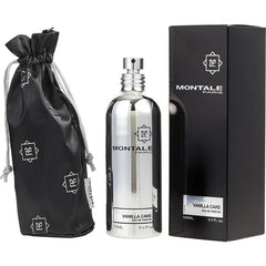 Montale Paris Vanilla Cake Eau de Parfum set including a shiny silver 100ml bottle, a black box, and a black satin drawstring pouch all featuring the iconic brand logo