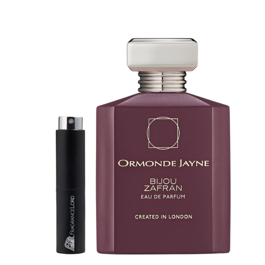 Ormonde Jayne Bijou Zafran Eau de Parfum bottle beside a black travel spray atomizer