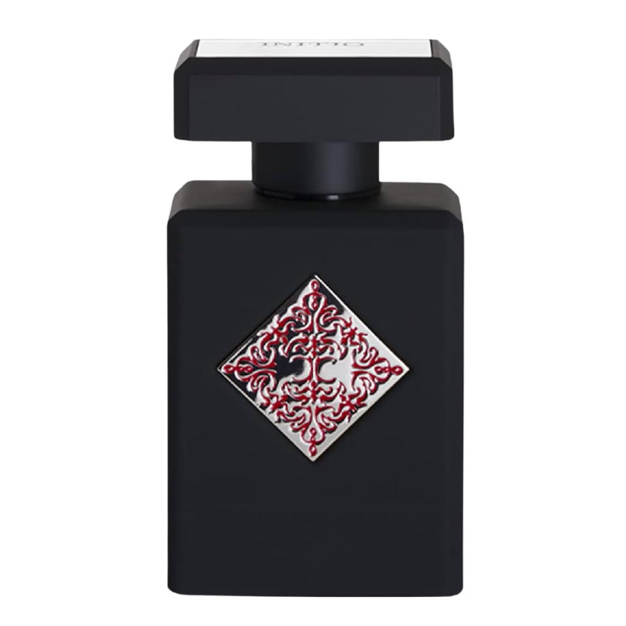 Initio Parfums Privés perfume bottle a matte black rectangular flask with a silver diamond emblem featuring ornate red filigree on its front and Initio text on the cap's white band