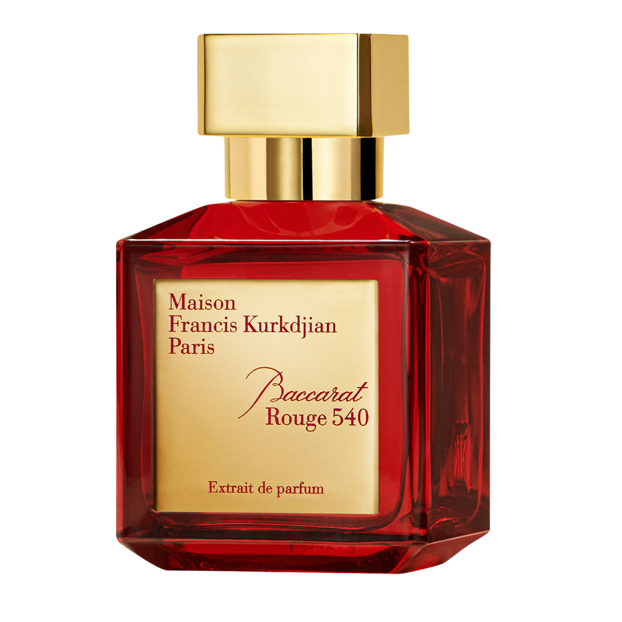 Product photography, Maison Francis Kurkdjian Baccarat Rouge 540 Extrait de parfum bottle, featuring a deep translucent red faceted glass design, a gold rectangular cap, and a gold label detailing 'Maison Francis Kurkdjian Paris' and 'Baccarat Rouge 540' in elegant script
