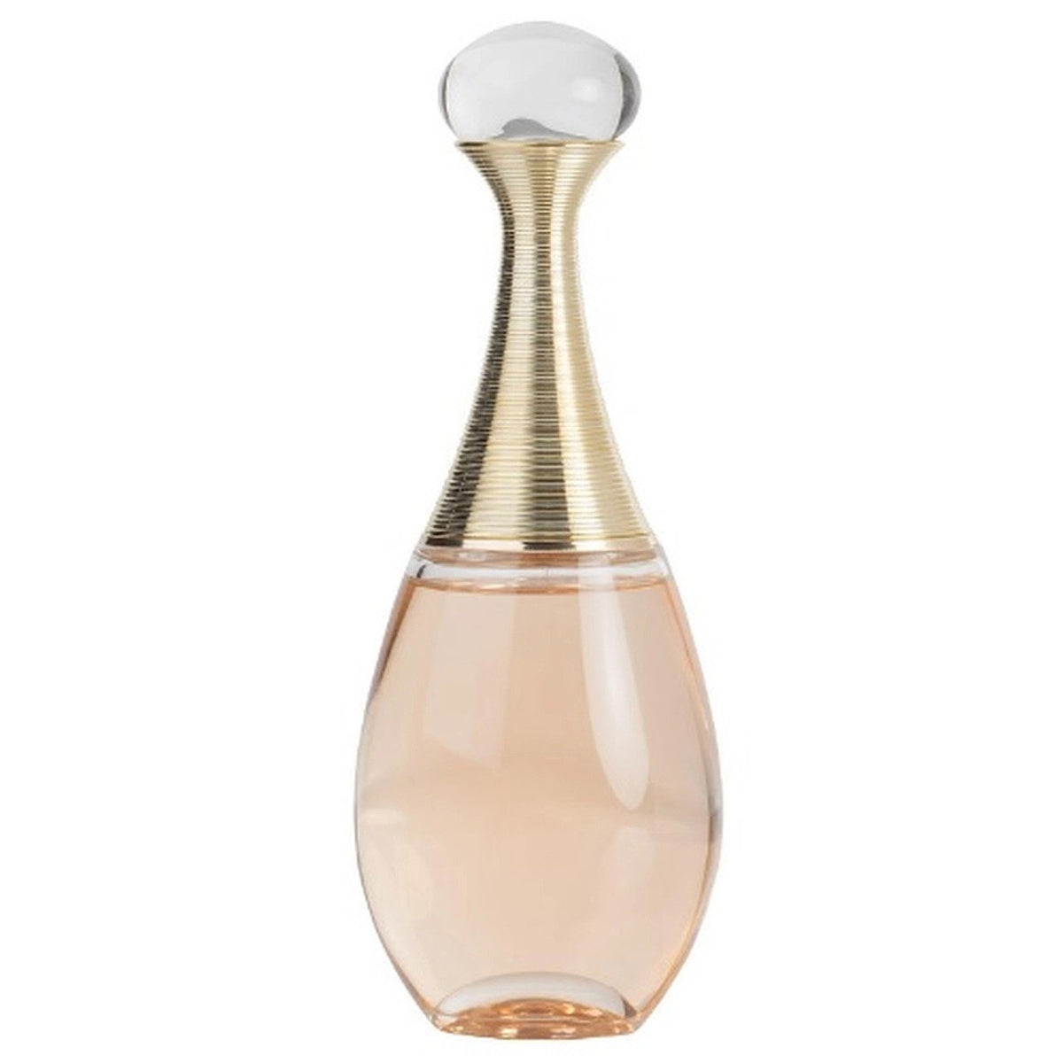 Photograph of a Dior J'adore perfume bottle featuring an iconic amphora shape, a distinctive gold ribbed neck, a clear spherical cap, and pale peach-toned liquid