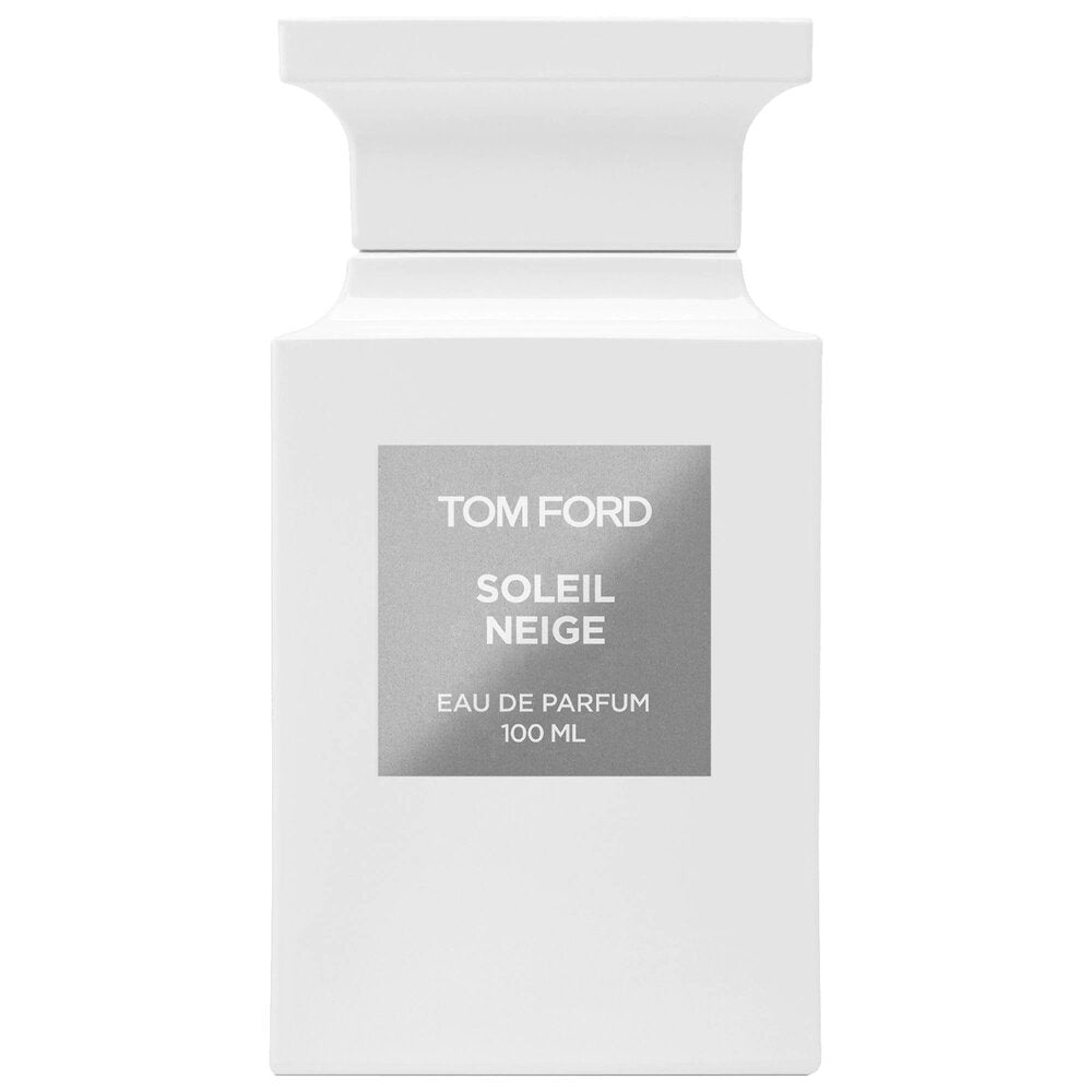 Product photography Tom Ford Soleil Neige Eau de Parfum 100 ML in a matte white rectangular bottle with a silver-grey label and elegant white flared cap