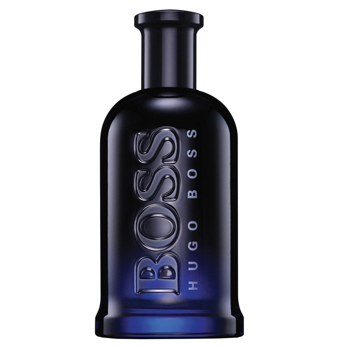 Hugo Boss fragrance bottle with a sleek dark blue-black gradient transitioning to a brighter blue base featuring embossed BOSS text vertically and HUGO BOSS text horizontally